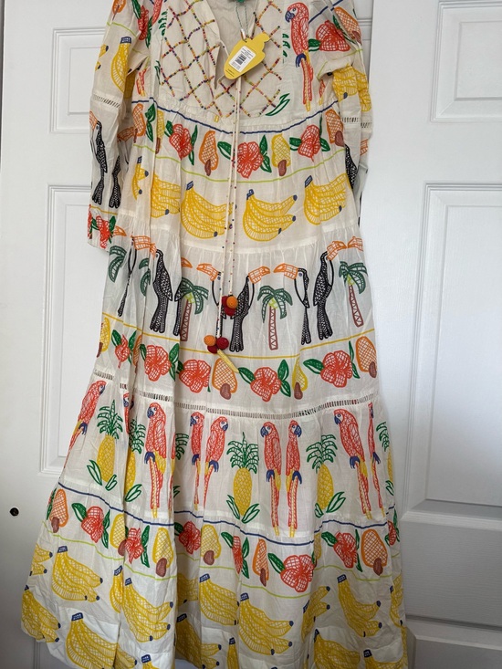 FARM Rio Dresses & Skirts - White Maxi Dress with Tropical Fruit & Parrot Print